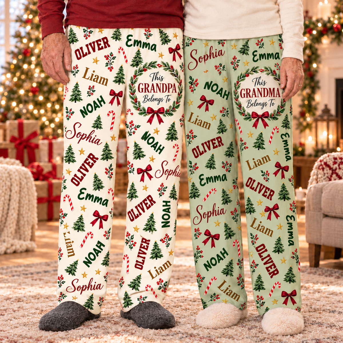 Personalized Grandma and Grandpa Christmas Pajama Pants – Custom Grandkids Names, Christmas Tree and Bow Print, Holiday Gift for Grandparents 13557287-2a66-41dd-a79d-366951196026-Tossed-name-Christmas-grandparent-pajamas.png