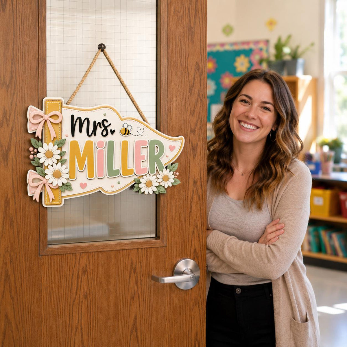 Personalized Teacher Pennant Sign with Daisies, Bow, Flag Name Sign, Custom 3D Wooden Teacher Door Sign, Classroom Decor, New Teacher Gift 137cdbe2-4a52-4146-b3b0-2593bcb6d4d8-4.jpg
