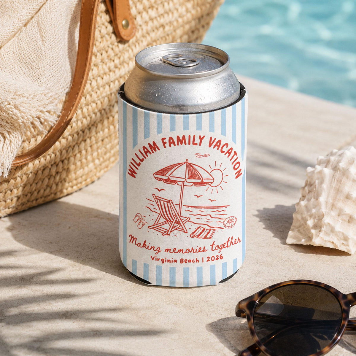 Custom Beach Family Vacation Can Coolers, Personalized Family Reunion Beer Huggers, Matching Coastal Vacation Gift, Family Summer Vacation