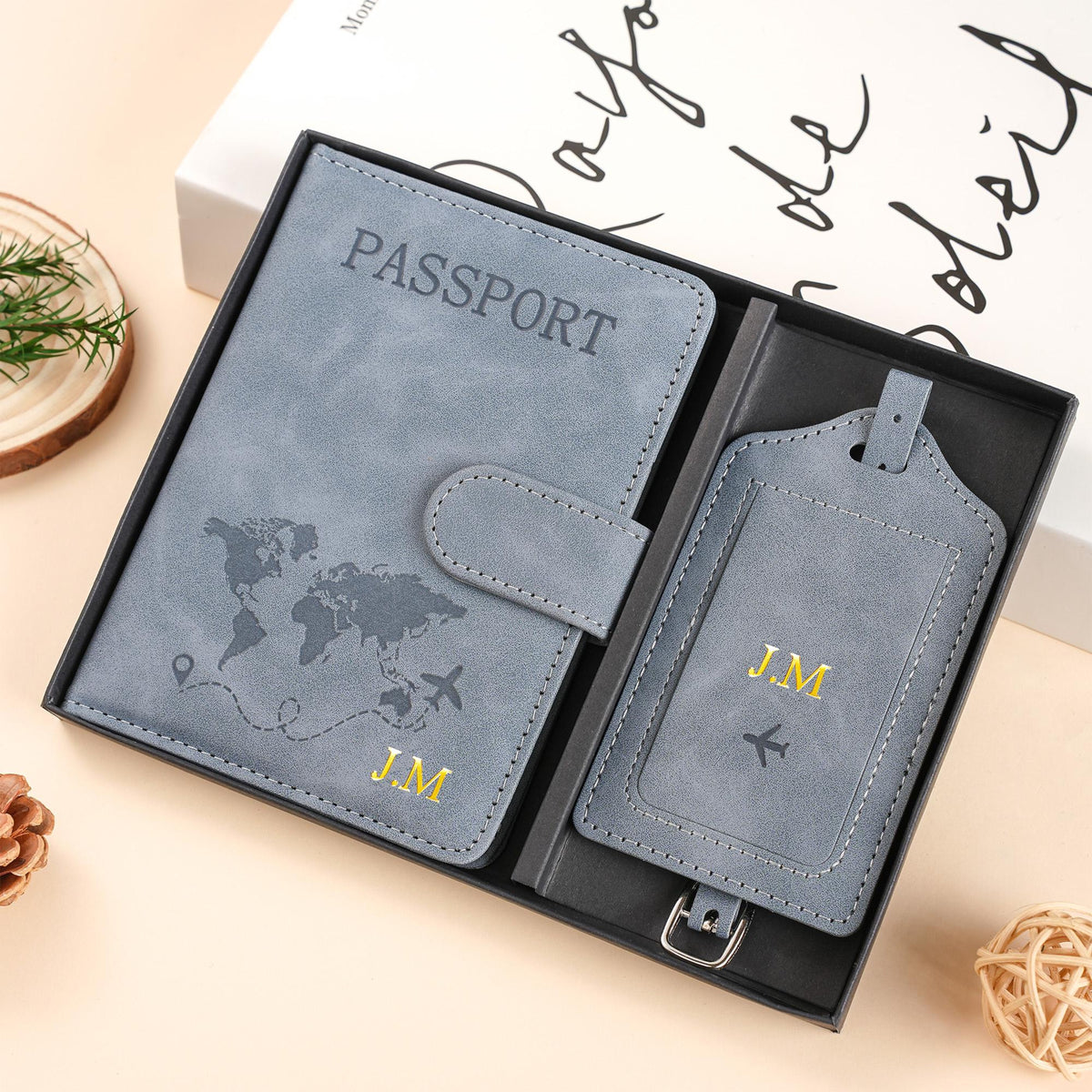 Personalized Passport Holder & Luggage Tag Set RFID Protection for Travelers, Custom Travel Gift