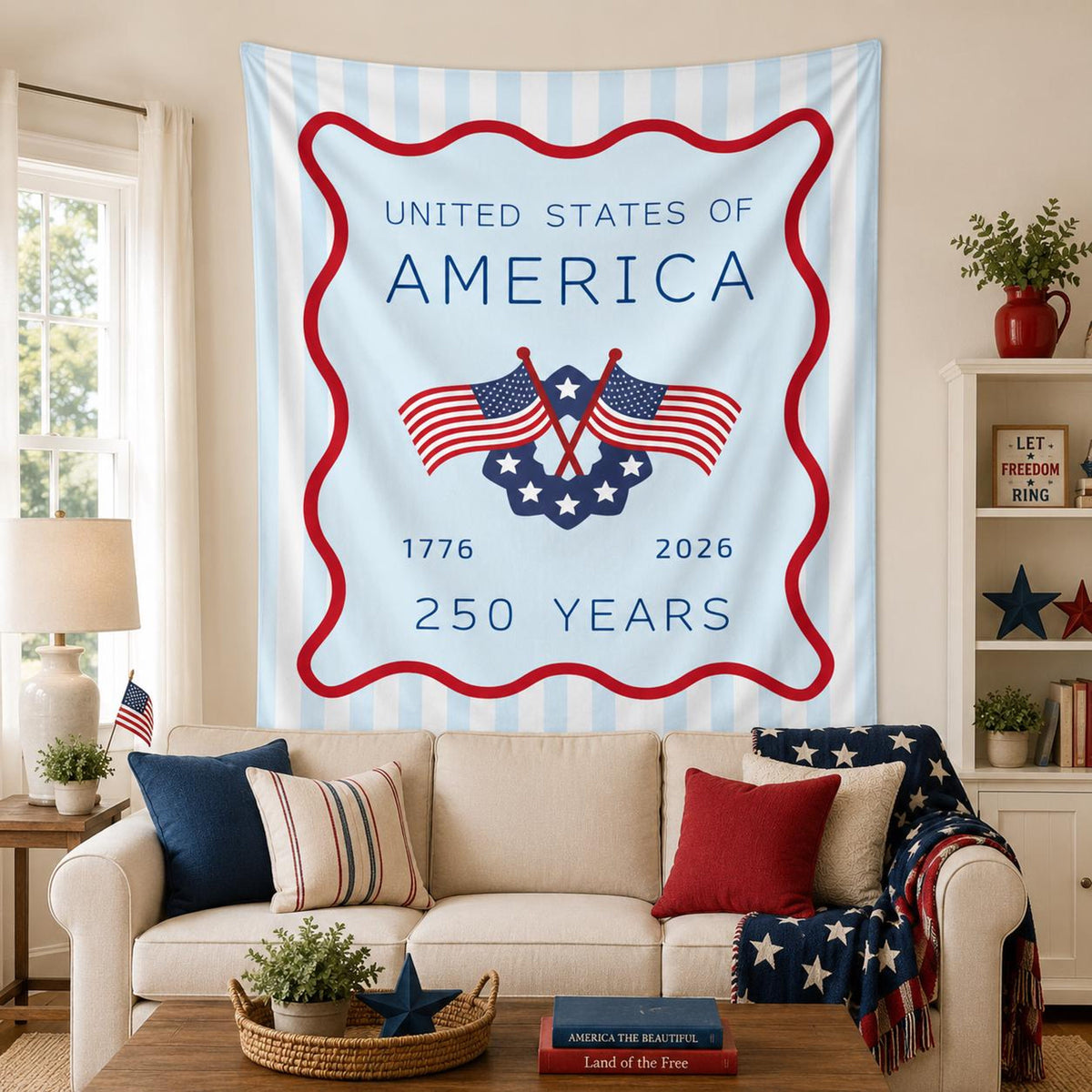 America 250th Anniversary Tapestry, USA Wall Hanging,Patriotic 4th Of July Backdrop, Coastal Americana Porch Banner, Summer Party Gift Decor