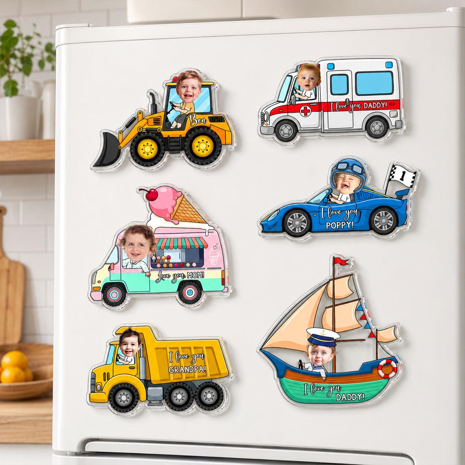 Personalized Kid Ride on Vehicle Fridge Magnet: Custom Baby Face Car Magnet, Best Gift for Dad, Mom, Gradma, Grandpa