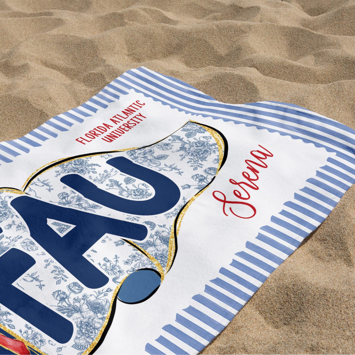 Personalized School Spirit Beach Towel: Coquette College Pennant Flag Towel, Grandmillennial Striped Towel, Sorority Girls Graduation Gift