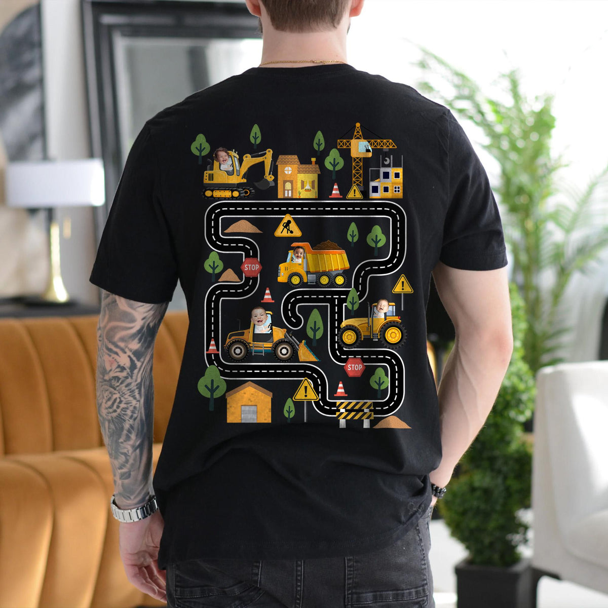 Personalized Tired Dad Club Construction Car Road Map Shirt, Custom Kids Face Dad Shirt, Gift For Dad From Son, Fathers Day Gift for Husband