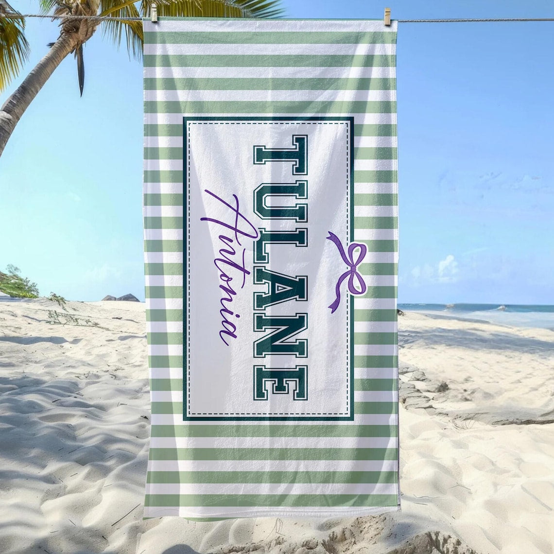 Personalized Coquette School Striped Beach Towel: College University Pride Spirit Gift, High School Graduation Gift, Class Of 2026 Gift