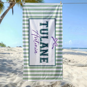 Personalized Coquette School Striped Beach Towel: College University Pride Spirit Gift, High School Graduation Gift, Class Of 2026 Gift