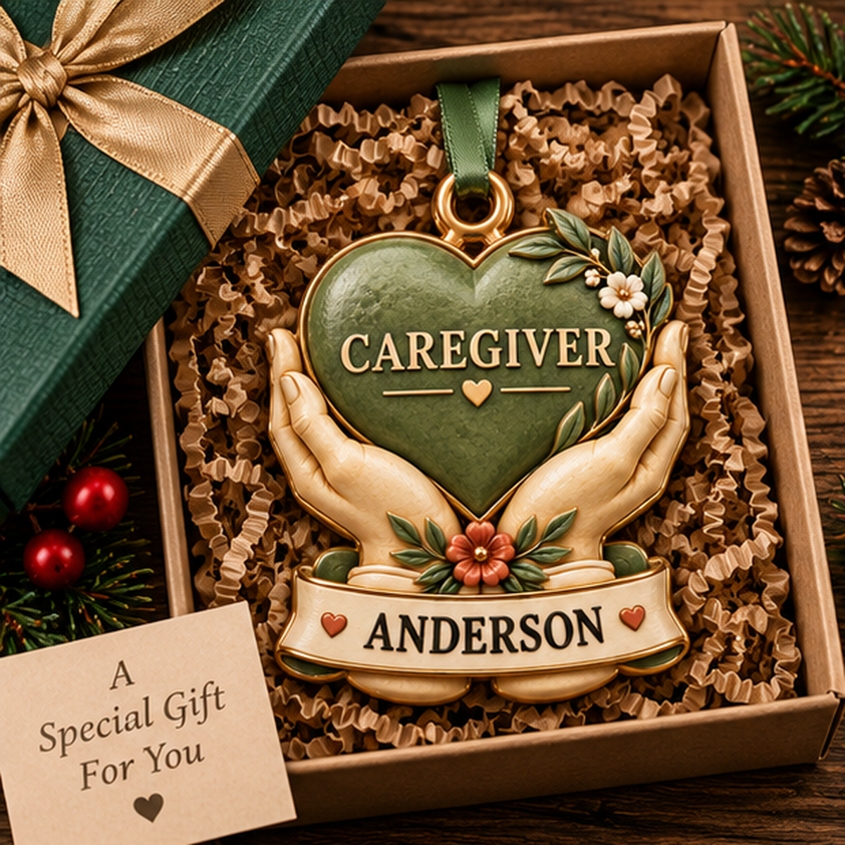 Personalized Caregiver Christmas Gift - Custom Name Caring Hands Heart 3D Ornament 13d23883-c87a-431a-8588-e81c62833a5c-caregiver_ornament_mockup_1_gift_box.png