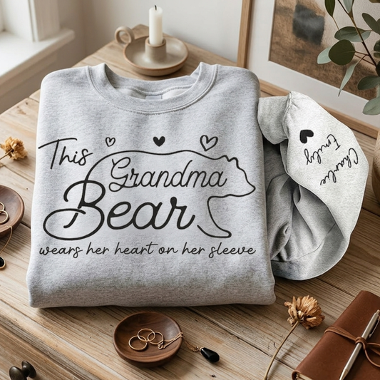 This Mama Bear Wear Her Heart On Her Sleeves - Personalized Front & Sleeves Sweatshirt Hoodie - Gift For Mother, Grandma