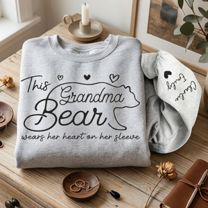 This Mama Bear Wear Her Heart On Her Sleeves - Personalized Front & Sleeves Sweatshirt Hoodie - Gift For Mother, Grandma