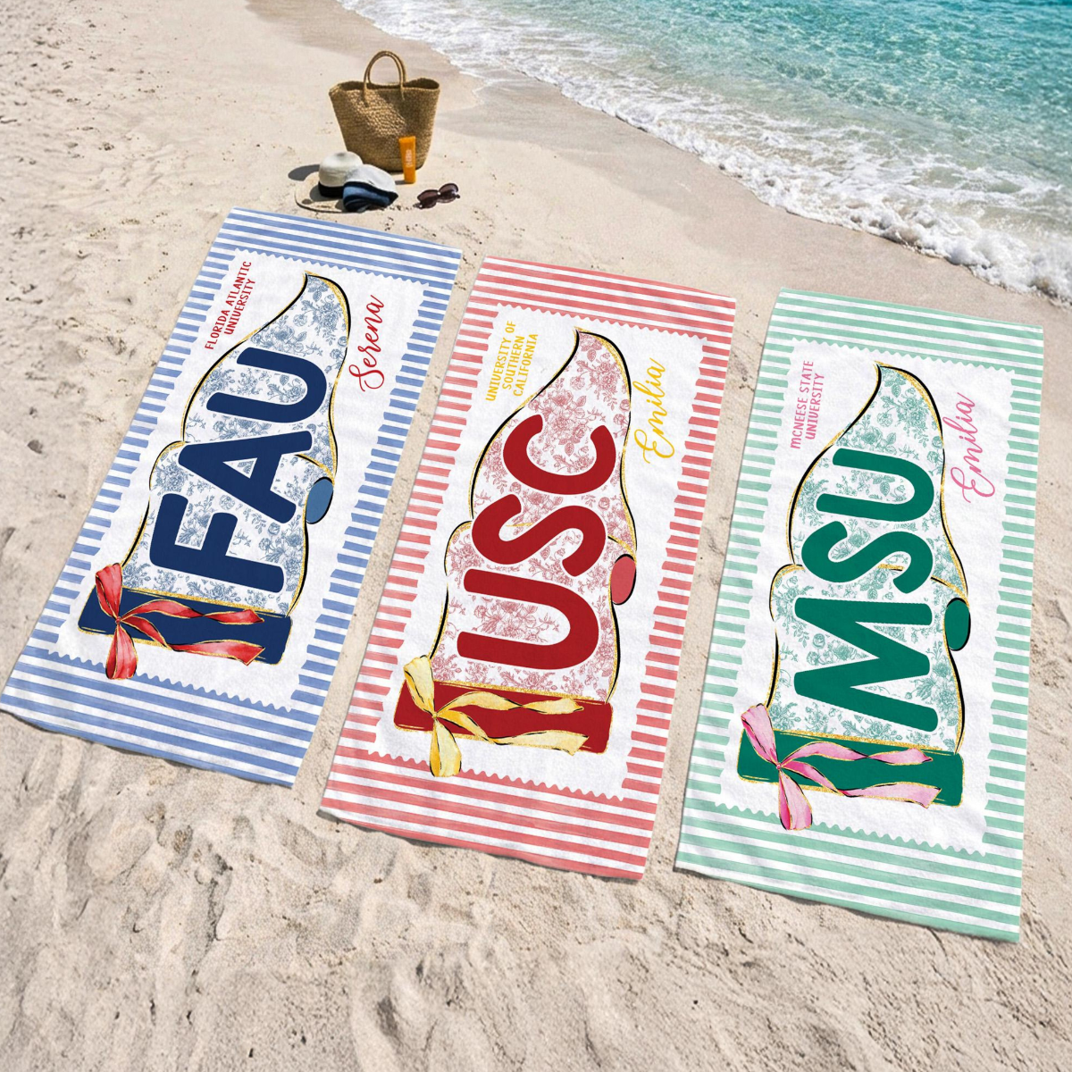 Personalized School Spirit Beach Towel: Coquette College Pennant Flag Towel, Grandmillennial Striped Towel, Sorority Girls Graduation Gift