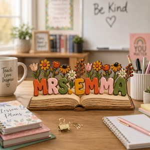 Personalized Teacher Desk Name Wooden Plaque Back To School Gift For Teachers Appreciation, Floral Book Wood Sign, School Counselor Gift