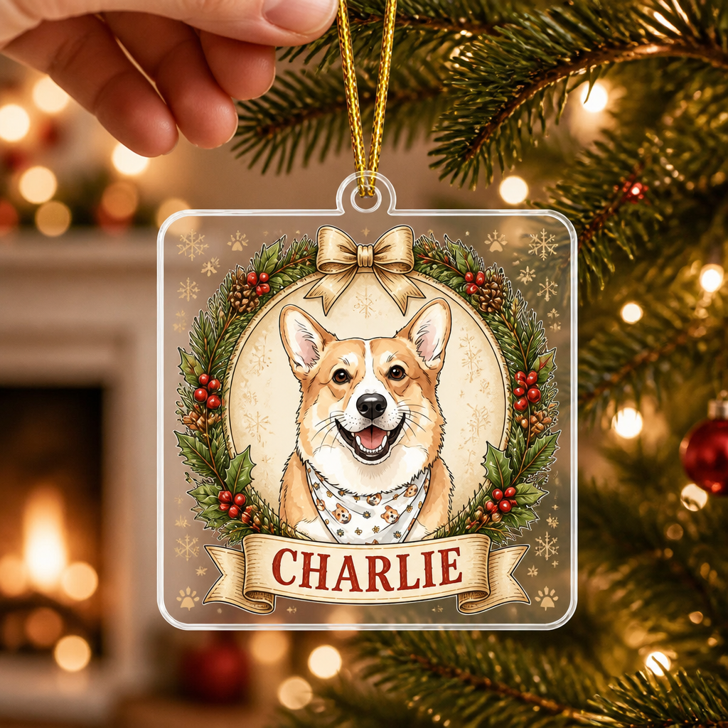 Custom Pet Photo to Illustration Name Ornament - Personalized Transparent Acrylic Ornament 140c8319-5eac-4870-9d8a-71e07d09ea04.png