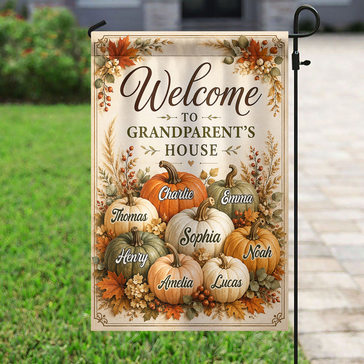 Welcome To Grandparent's House Fall Pumpkin - Personalized Garden Flag - Fall Season Decor Gift, Gift For Grandma, Grandpa 143c47e3-d428-497b-b8a7-72d0e758c40b-banner-1.jpg