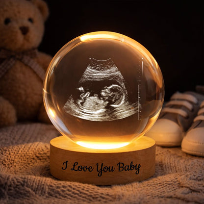 Custom Baby Ultrasound - Personalized Crystal Ball LED Night Light - Engraved Wooden Base, Sentimental Mother's Day Gift for Her