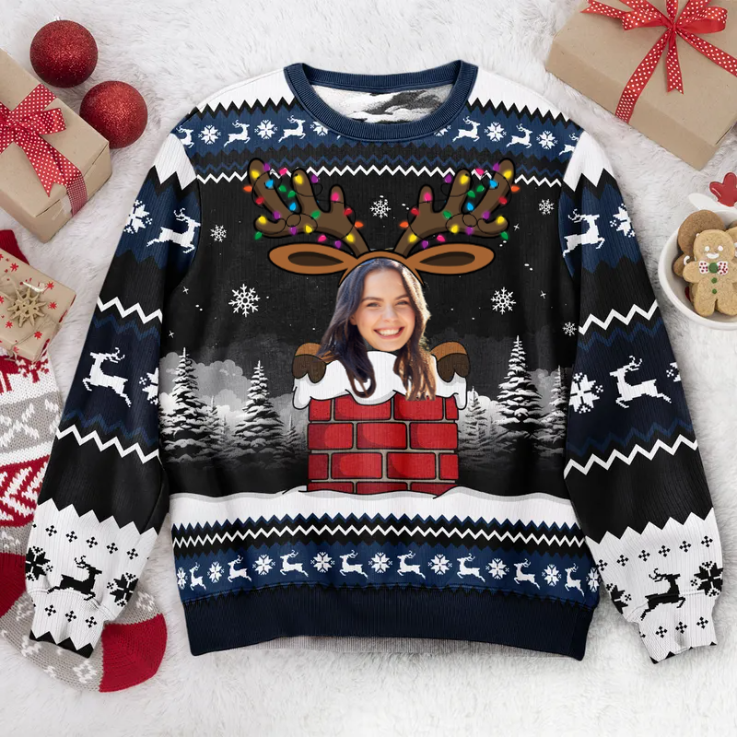Custom Photo Christmas Reindeer Face- Christmas Gift For Family, Friends - Personalized Ugly Sweatshirt