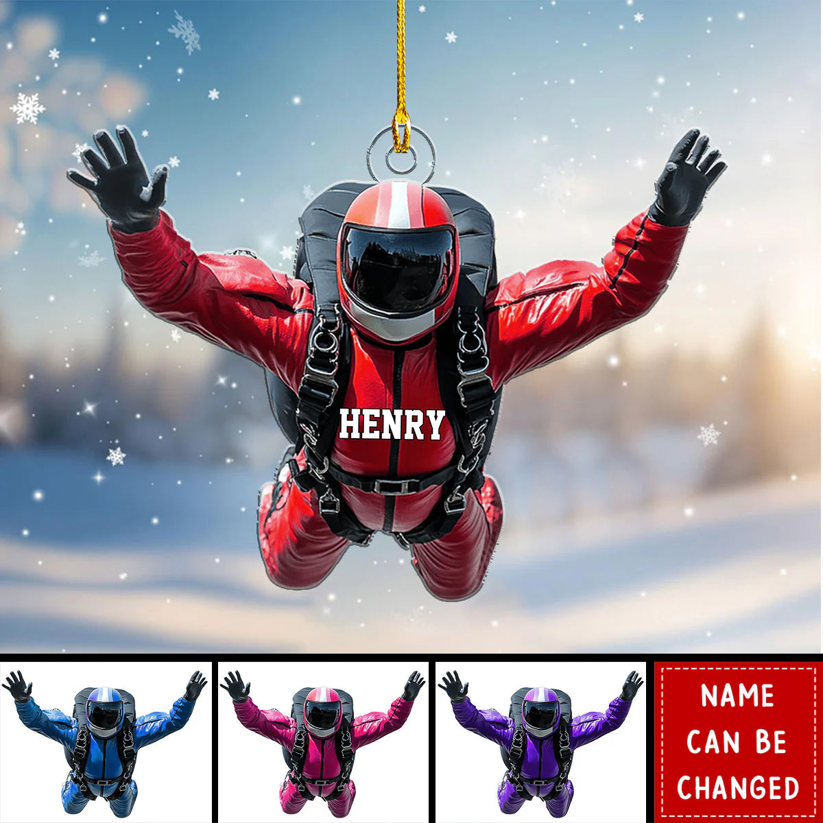 Skydiver Christmas Custom Name Ornament, Freefall Jumper Holiday Gift for Adventurers
