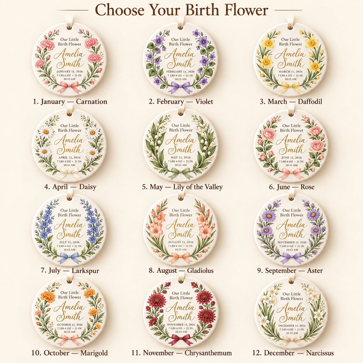 Personalized Baby Birth Flower Ornament, Custom Name & Birth Stats Keepsake, Floral First Christmas Ornament, Gift for New Parents 14bfcbcc-b8c2-49cc-a292-172d2a5b4582-Twelve-birth-flower-ornament-options-1.png
