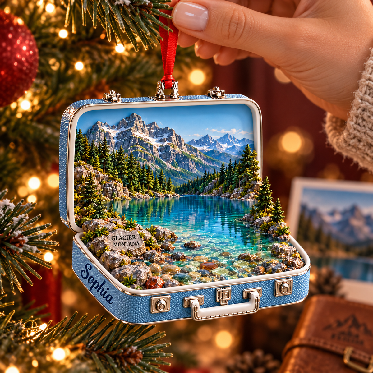 Personalized Glacier National Park 3D Suitcase Christmas Ornament – Montana Travel Souvenir & Gift for Nature Lovers 14ede8a2-d25a-4076-b51c-b18ac1b3bdd9-Hanging-a-Glacier-Montana-ornament-4.png