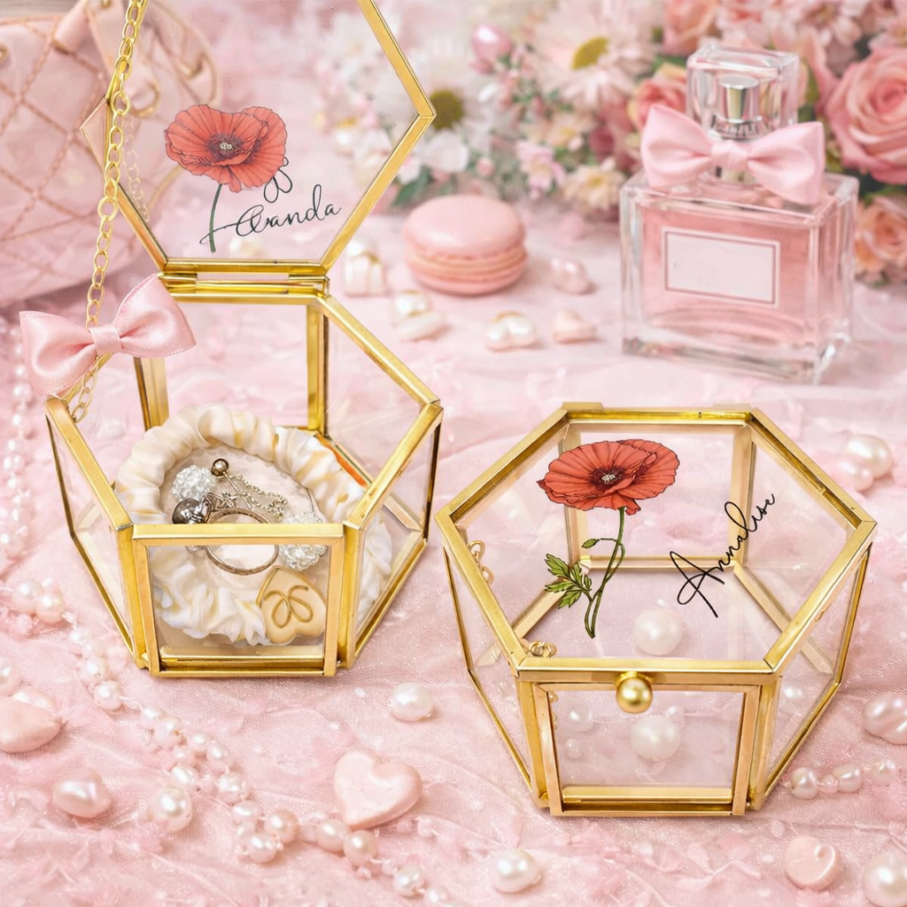 Flower Blooms Custom Your Birth Month Flower - Personalized Hexagonal Glass Ring Box - Gift For Mother, Sister, Bestie, Friend, Girlfriend