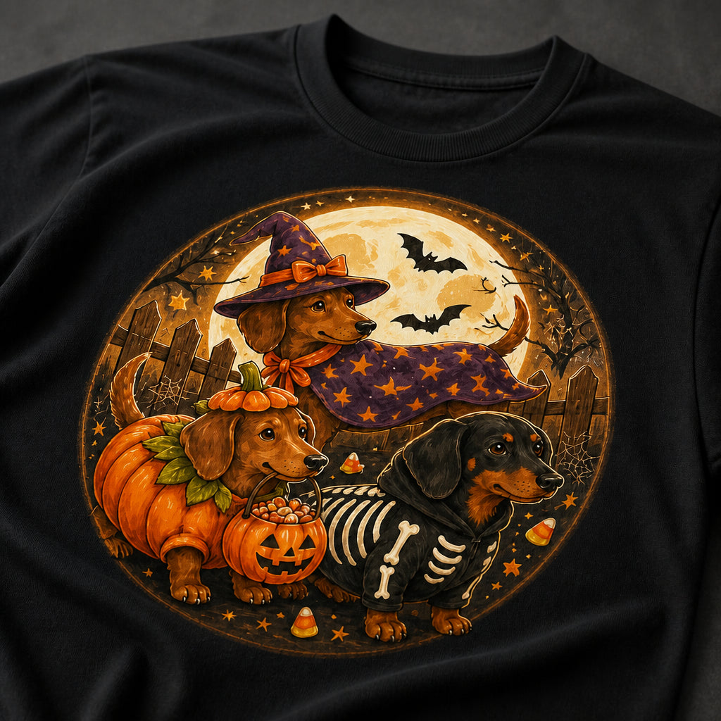 Halloween Dachshund Trio Moon Badge Tee - T-shirt 15259ac9-c701-4b15-879b-48e6a4aaf60d.jpg