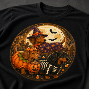 Halloween Dachshund Trio Moon Badge Tee - T-shirt 15259ac9-c701-4b15-879b-48e6a4aaf60d.jpg