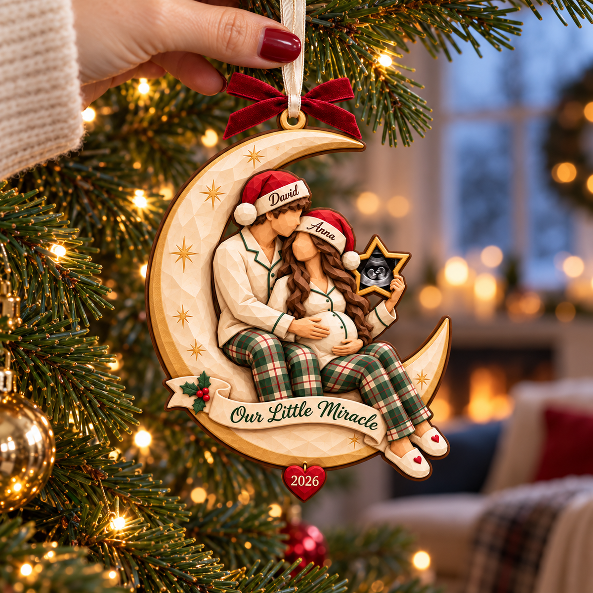 Personalized Pregnancy Christmas Ornament 2026 – Our Little Miracle Moon, Custom Couple Names, Baby Announcement Gift for Parents to Be 1549d495-746b-45eb-9fdc-21bde2c0389c-Hand-hung-little-miracle-Christmas-ornament-1.png