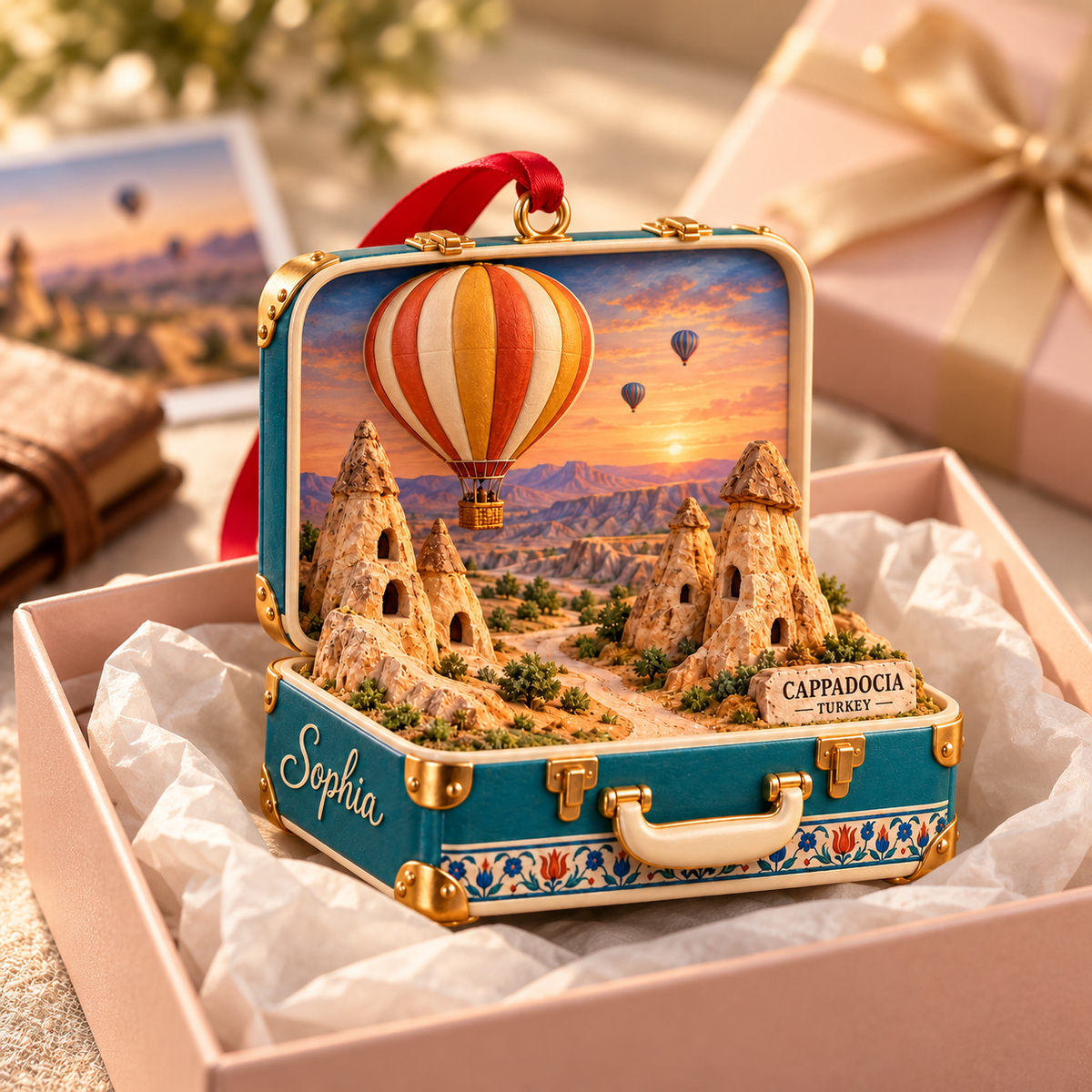Personalized Cappadocia Turkey 3D Suitcase Christmas Ornament, Custom Name Hot Air Balloon Travel Keepsake, Turkey Vacation Souvenir Gift 154f4aec-938b-4257-ad06-0bb7d4e6a461-Cappadocia-suitcase-ornament-in-blush-gift-box-4.png