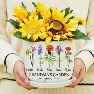 Mother's Day Gift Personalized Grandma's Garden Outdoor Flower Pot With Grandkids Name and Birth Flower For Mother's Day