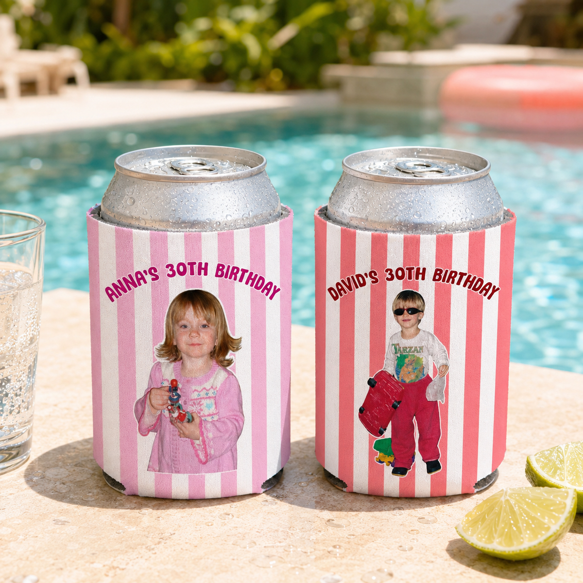 Personalized Retro Stripe Photo Birthday Can Cooler, Custom Vintage Photo Drink Holder, 30th 40th Birthday Gift, Childhood Photo Cooler 15ce473e-c718-41e4-ad38-929c8465c3cf-banner-3.png