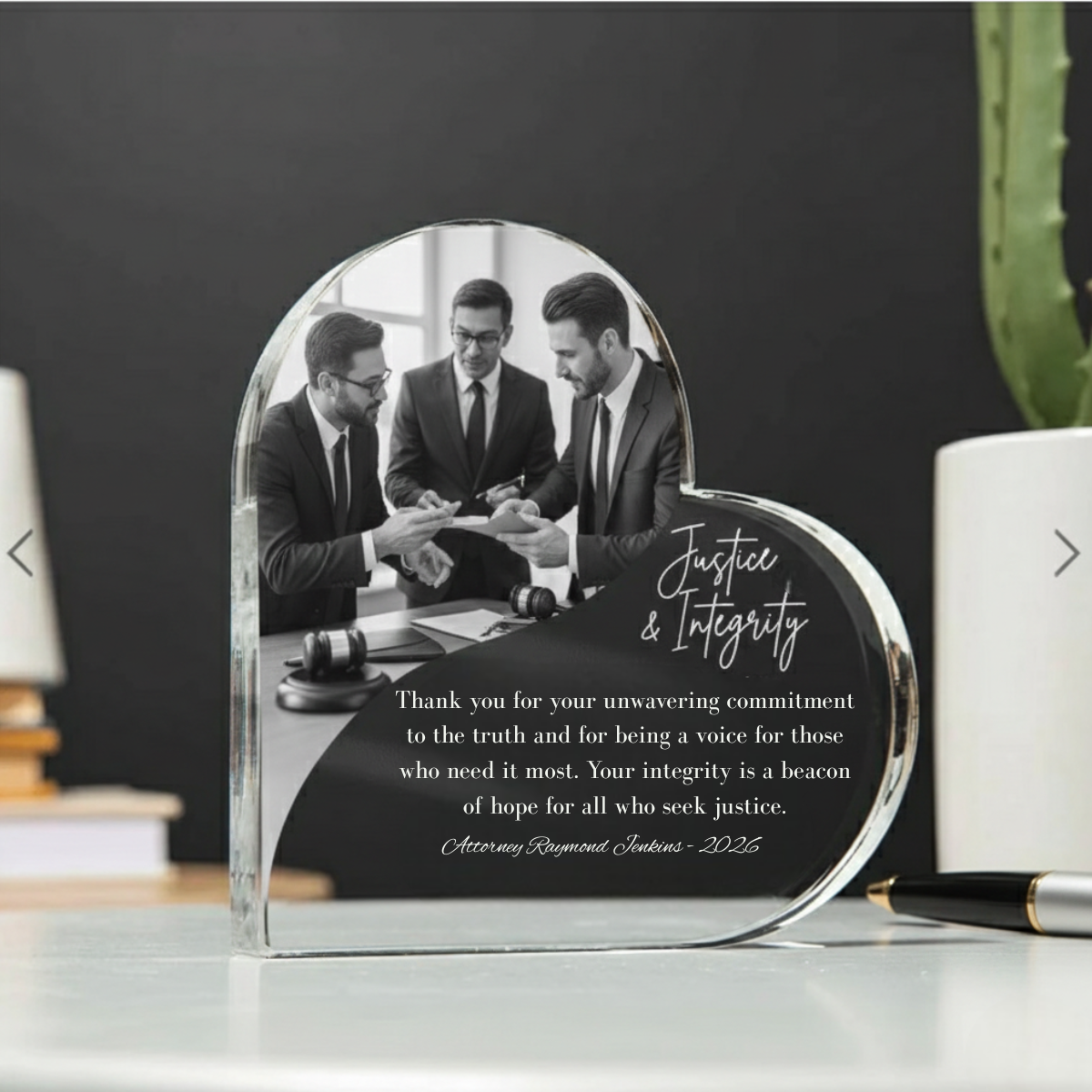 Justice & Integrity Custom Lawyer Photo - Personalized Heart Shaped Acrylic Plaque - Gift For Lawyer