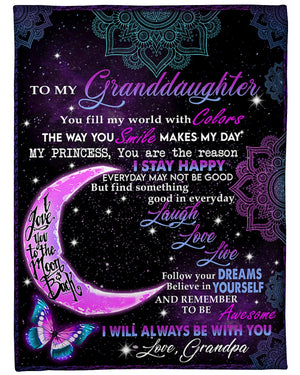 Grandpa To Granddaughter Butterfly Moon Laugh Love Fleece Blanket - Quilt Blanket 1607356944350.jpg