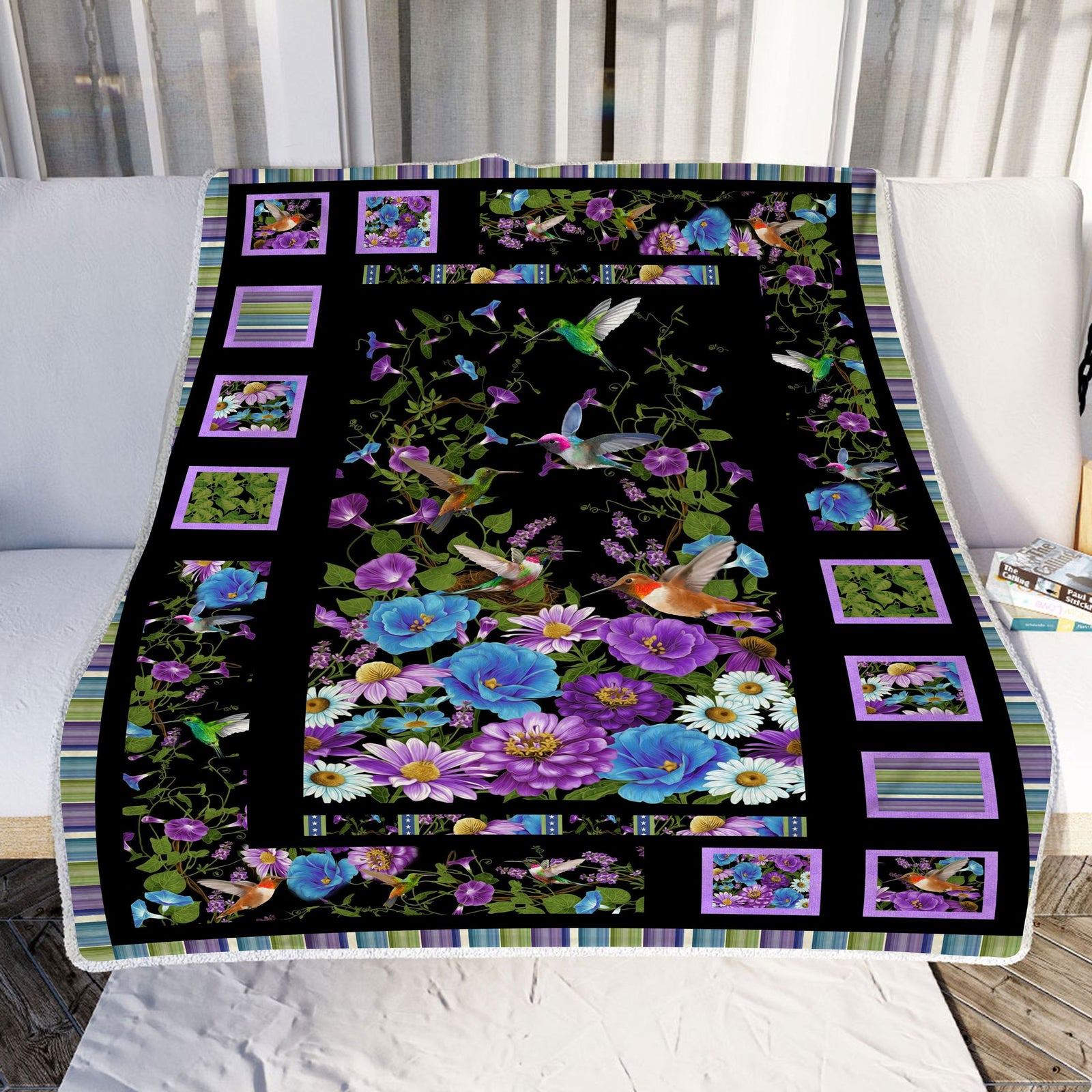 Hummingbird Purple Flower Fleece Blanket - Quilt Blanket 1607968754436.jpg