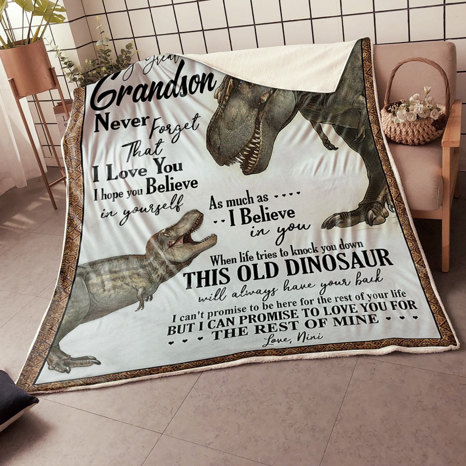 My Great Grandson Dinosaurs Believe In Yourself Gift From Nini Fleece Blanket - Quilt Blanket 1608136057252.jpg
