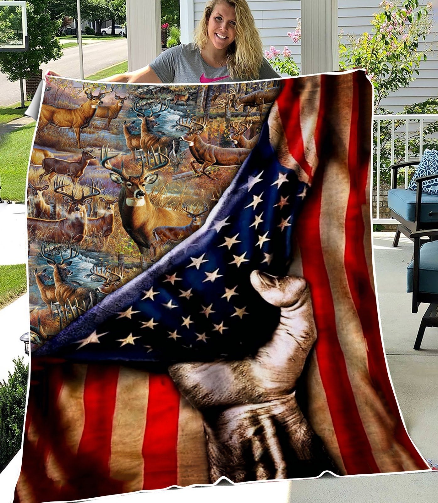 Hunting Deer American Flag Gift Fleece Blanket - Quilt Blanket 1608136084982.jpg