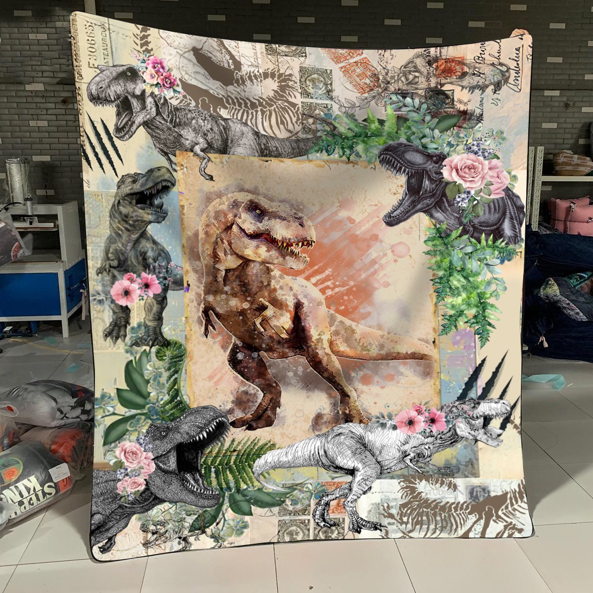 Dinosaurs Flowers Fleece Blanket - Quilt Blanket, 1608535471264.jpg