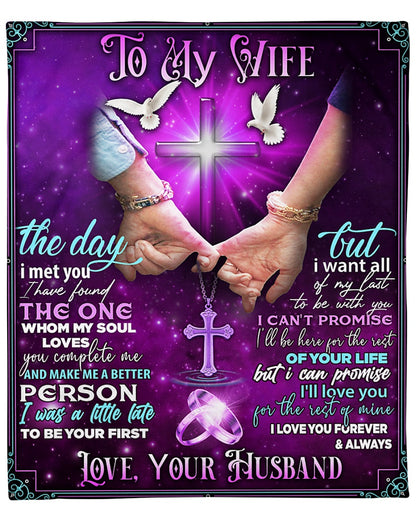 Gift For Wife Blanket, To My Wife The Day I Met You Purple Blanket, Cross And Doves, Hand In Hand - Love From Husband 1626142169994.jpg