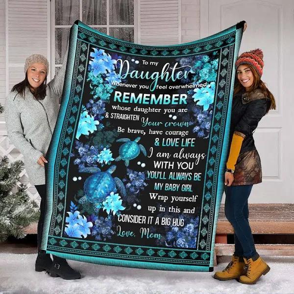 Gift For Daughter Blanket, Mom To Daughter Blue Turtle In Black Fleece Blanket 1629683840707.jpg