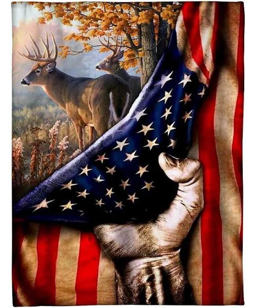 Deer Hunter Usa American Flag Gift Fleece Blanket 1629769332389.jpg