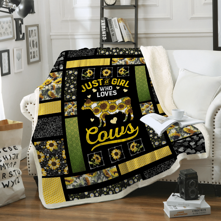 Animal Blanket, Sunflower & Cows Fleece Blanket, Just A Girl Who Loves Gift For Cow Lovers 1632126611958.png
