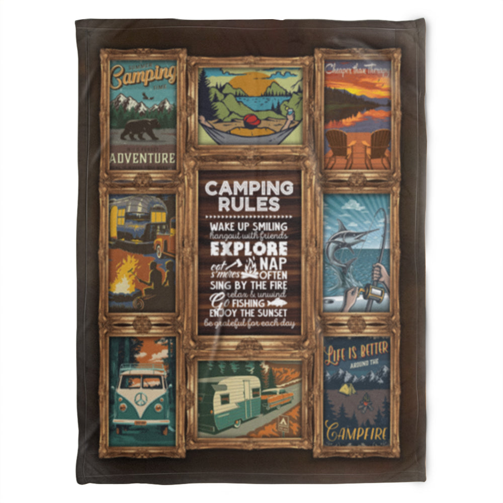 Camping Rules Life Is Better Aruond The Campfire, Gift For Camping Lover Fleece Blanket Home Decor Bedding Couch Sofa Soft And Comfy Cozy 1632728087254.jpg