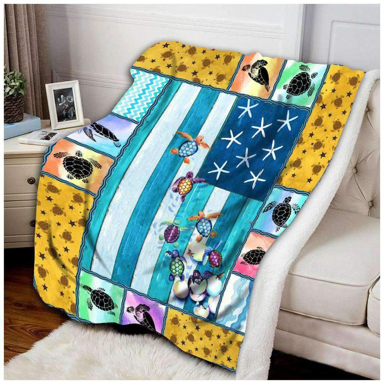 Turtle Blanket, Sea Turtle Ocean American Flag Blanket 1632794304101.jpg