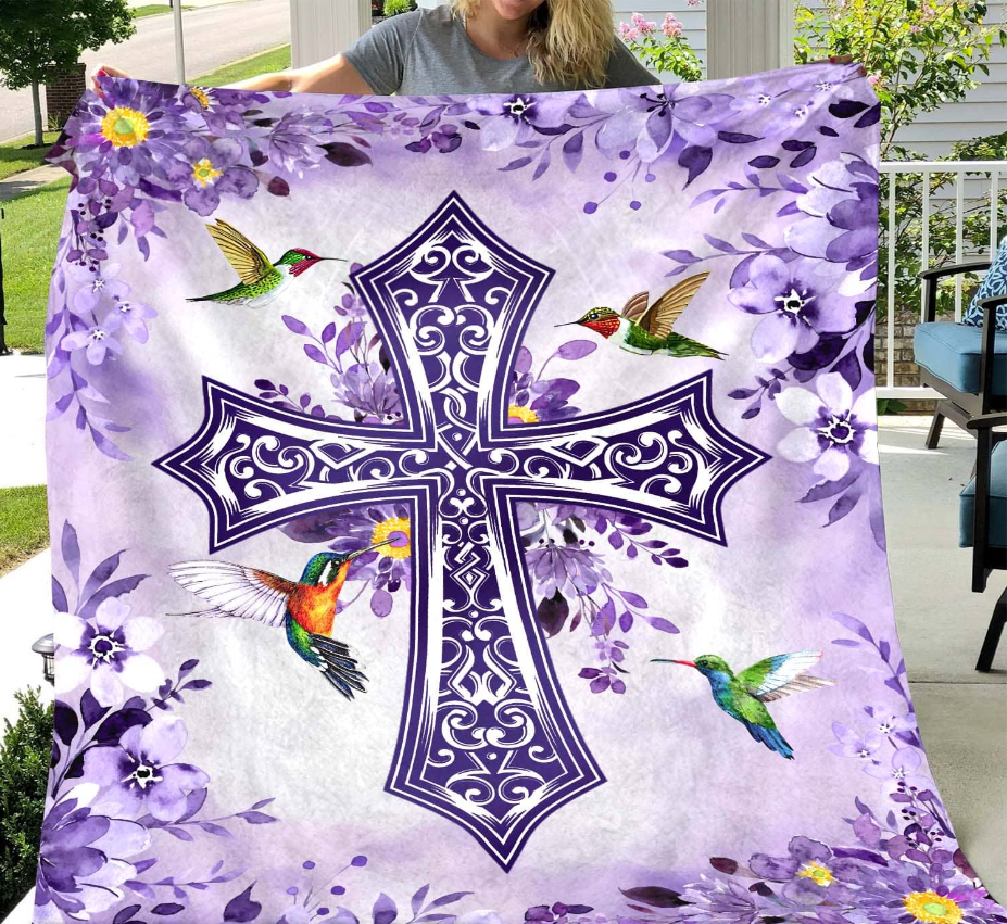 Hummingbirds And The Cross Purple Blanket Gift For Friend Family Birthday Gift Home Decor Bedding Couch Sofa Soft And Comfy Cozy 1634548047720.png