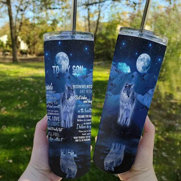 Son Tumbler, Gift For Son From Mom, To My Son, There Is A Piece Of My Heart Wolf Moon Skinny Tumbler 1636598201746.jpg
