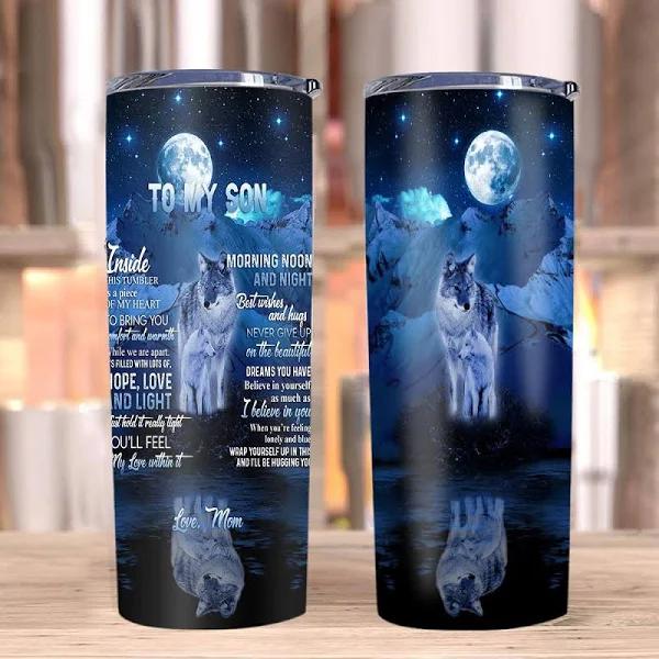 Son Tumbler, Gift For Son From Mom, To My Son, There Is A Piece Of My Heart Wolf Moon Skinny Tumbler 1636598202307.jpg