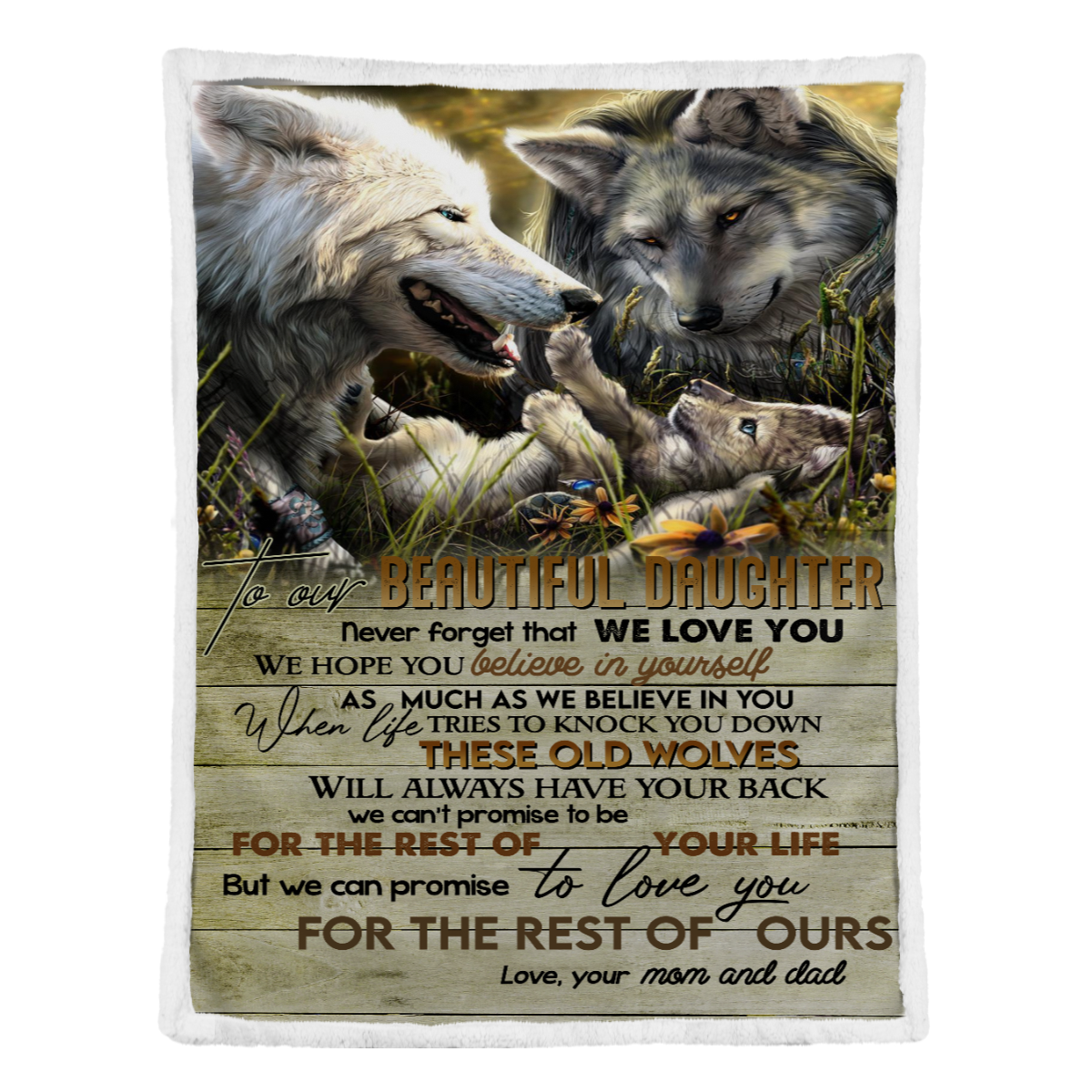 Gift For Daughter Blanket, To Our Beauiful Daughter Those Old Wolves Will Always Have Your Back - Love From Dad And Mom 1638332357073.png