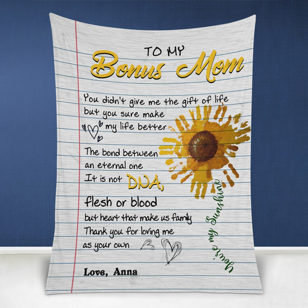 To My Bonus Mom You Didn't Give Me The Gift Of Life Handprint Sunflower Blanket Gift For Bonus Mom Mother's Day Gift Home Decor Bedding Couch Sofa Soft And Comfy Cozy 1639992990374.jpg