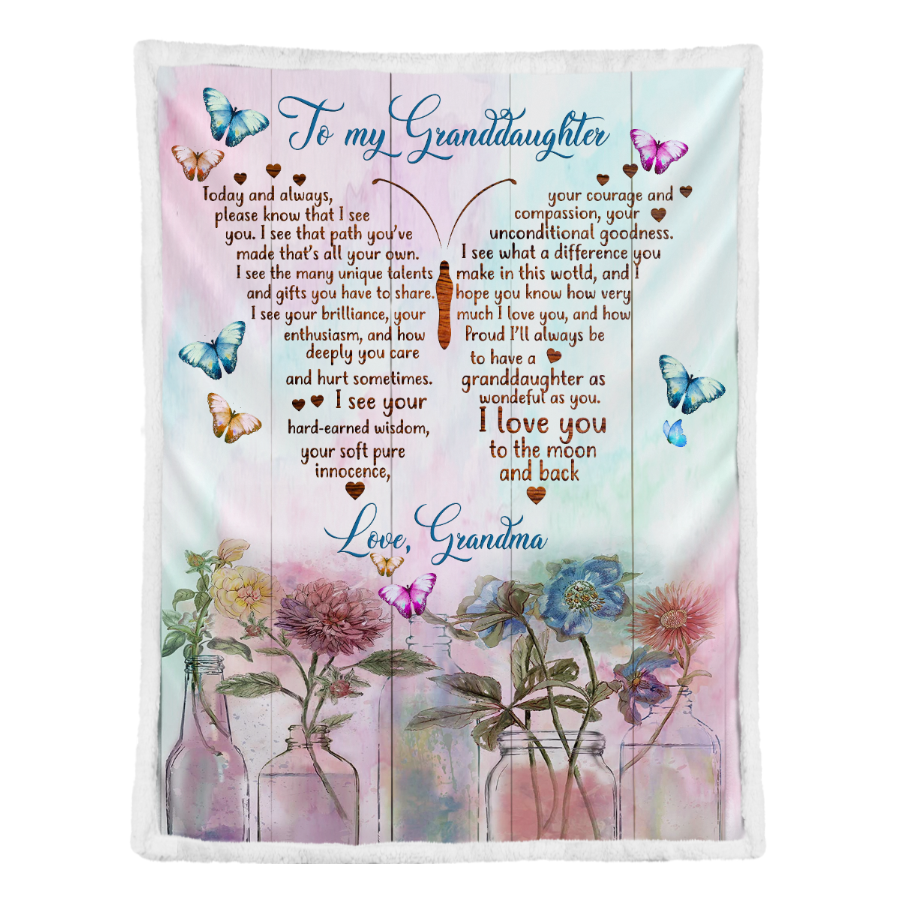 Gift For Granddaughter Blanket, Butterfly Flower To My Granddaughter I Love You To The Moon And Back - Love From Grandma 1641351652492.png