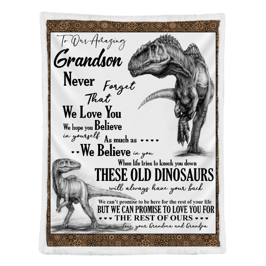 Gift For Grandson Blanket, To Our Grandson These Old Dinosaurs Will Always Have Your Back - Love From Grandpa & Grandma 1641365887029.png