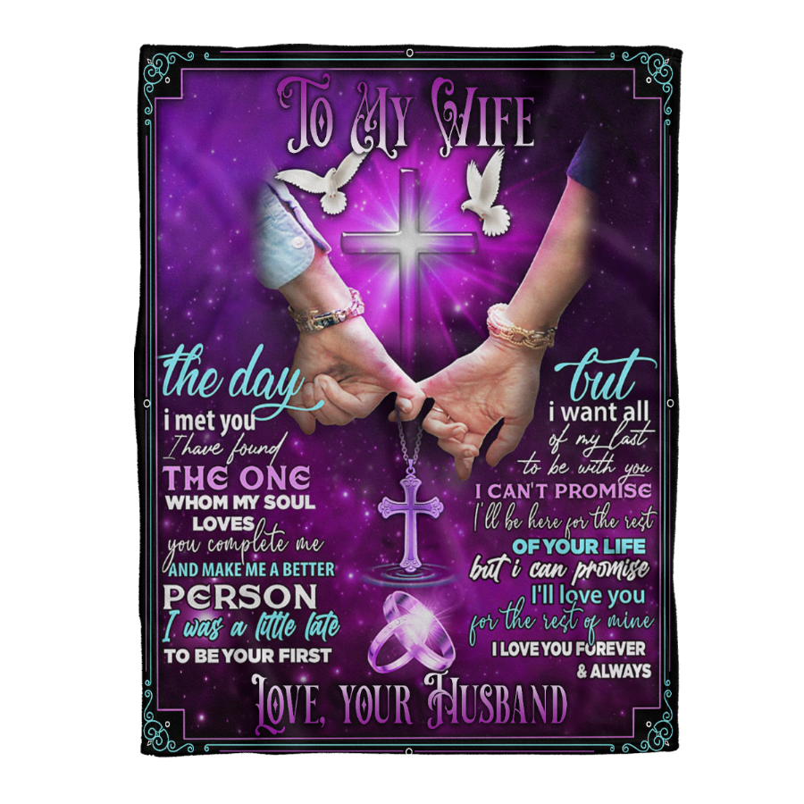 Gift For Wife Blanket, To My Wife The Day I Met You Purple Blanket, Cross And Doves, Hand In Hand - Love From Husband 1641436898376.png
