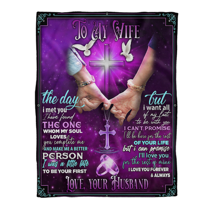 Gift For Wife Blanket, To My Wife The Day I Met You Purple Blanket, Cross And Doves, Hand In Hand - Love From Husband 1641436898376.png